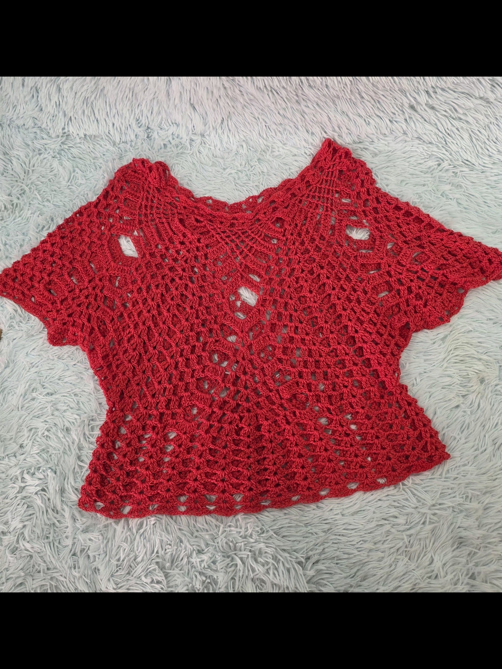 Red Crochet Knit Short Sleeve Sweater Top Openwork Lace Boho Style No Tags